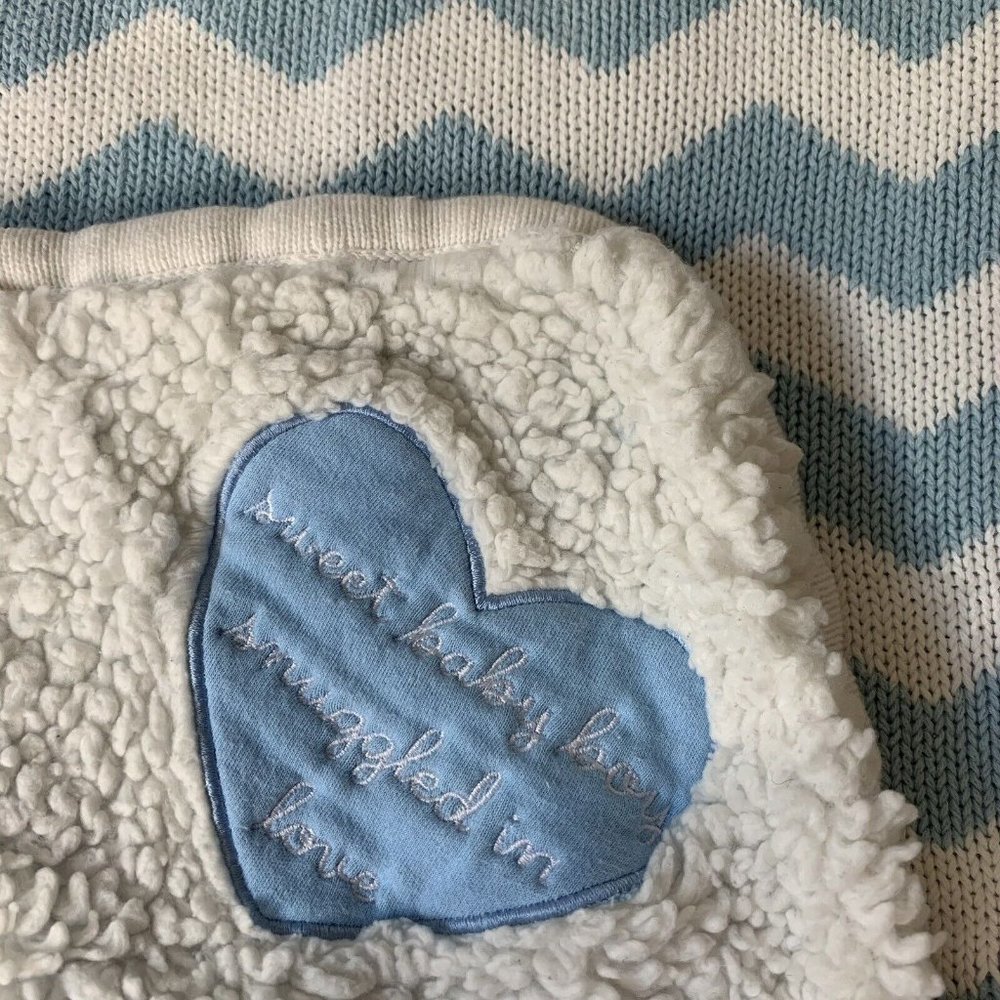 Hallmark Sweet Baby Boy Snuggled In Love‎ Baby Blanket Blue White Chevron Heart